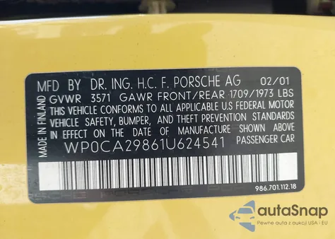 2001 Porsche Boxster из США, поврежденный, VIN WP0CA29861U624541